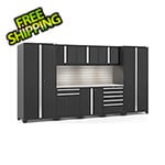 NewAge Products PRO Series Black 9-Piece Cabinet Set with Stainless Steel Top Slatwall and LED Lights