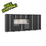 NewAge Garage Cabinets PRO Series Black 10-Piece Set with Stainless Top, Slatwall and LED Lights