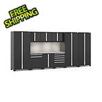 NewAge Products PRO Series Black 10-Piece Cabinet Set with Stainless Steel Top Slatwall and LED Lights