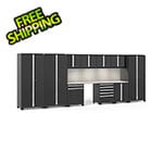 NewAge Garage Cabinets PRO Series Black 12-Piece Set with Stainless Steel Tops, Slatwall and LED Lights