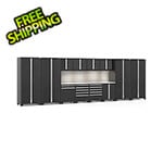 NewAge Garage Cabinets PRO Series Black 14-Piece Set with Stainless Steel Tops, Slatwall and LED Lights