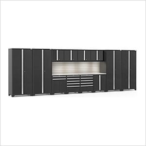 PRO Series Black 14-Piece Set with Stainless Steel Tops, Slatwall and LED Lights