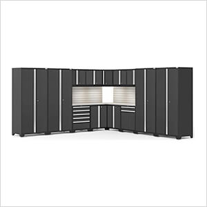 PRO Series Black 16-Piece Corner Set with Stainless Tops, Slatwall and LED Lights