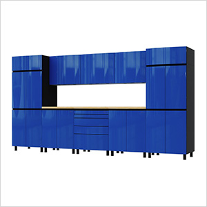 12.5' Premium Santorini Blue Garage Cabinet System with Butcher Block Tops