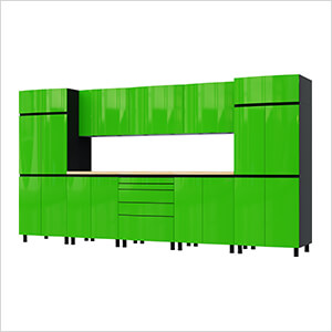 12.5' Premium Lime Green Garage Cabinet System with Butcher Block Tops