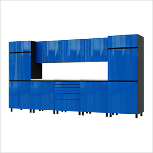 12.5' Premium Santorini Blue Garage Cabinet System with Stainless Steel Tops