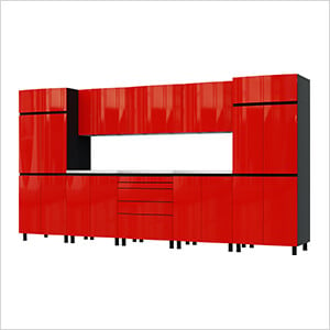 12.5' Premium Cayenne Red Garage Cabinet System with Stainless Steel Tops