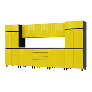 12.5' Premium Vespa Yellow Garage Cabinet System with Stainless Steel Tops