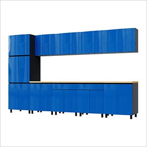 12.5' Premium Santorini Blue Garage Cabinet System with Butcher Block Tops