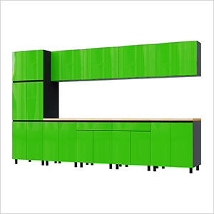 12.5' Premium Lime Green Garage Cabinet System with Butcher Block Tops