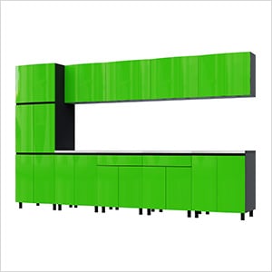 12.5' Premium Lime Green Garage Cabinet System with Stainless Steel Tops