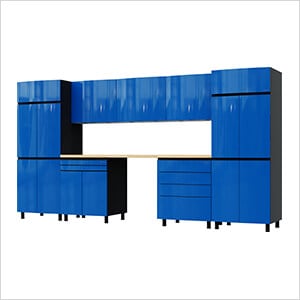 12.5' Premium Santorini Blue Garage Cabinet System with Butcher Block Tops