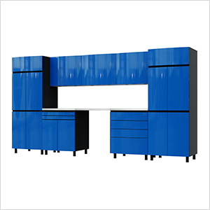 12.5' Premium Santorini Blue Garage Cabinet System with Stainless Steel Tops