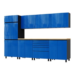 10' Premium Santorini Blue Garage Cabinet System with Butcher Block Tops