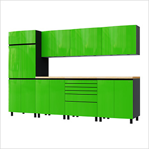 10' Premium Lime Green Garage Cabinet System with Butcher Block Tops