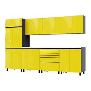 10' Premium Vespa Yellow Garage Cabinet System with Stainless Steel Tops