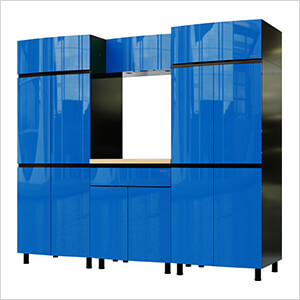 7.5' Premium Santorini Blue Garage Cabinet System with Butcher Block Tops