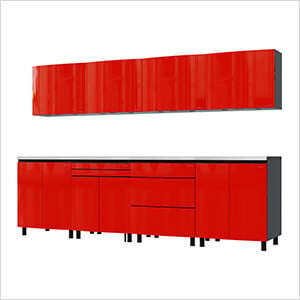 10' Premium Cayenne Red Garage Cabinet System with Stainless Steel Tops