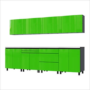 10' Premium Lime Green Garage Cabinet System with Stainless Steel Tops