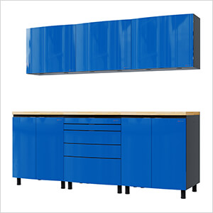 7.5' Premium Santorini Blue Garage Cabinet System with Butcher Block Tops