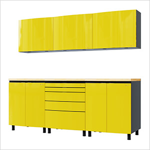 7.5' Premium Vespa Yellow Garage Cabinet System with Butcher Block Tops