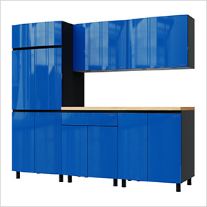 7.5' Premium Santorini Blue Garage Cabinet System with Butcher Block Tops