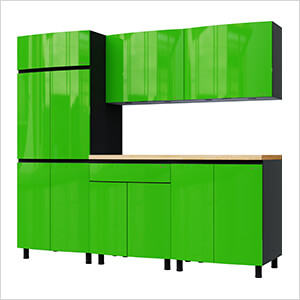 7.5' Premium Lime Green Garage Cabinet System with Butcher Block Tops
