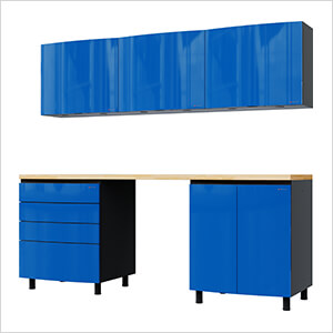 7.5' Premium Santorini Blue Garage Cabinet System with Butcher Block Tops