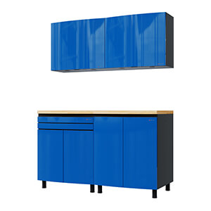5' Premium Santorini Blue Garage Cabinet System with Butcher Block Tops
