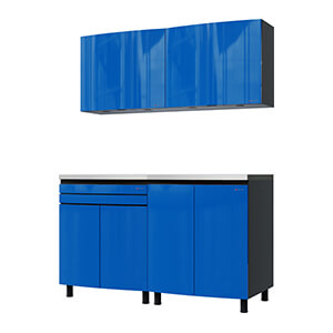 5' Premium Santorini Blue Garage Cabinet System with Stainless Steel Tops