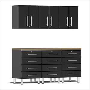 7-Piece Garage Cabinet System with Bamboo Worktop in Midnight Black Metallic