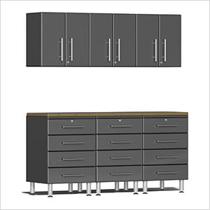 7-Piece Garage Cabinet System with Bamboo Worktop in Graphite Grey Metallic