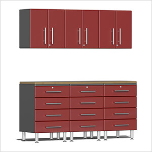 7-Piece Garage Cabinet System with Bamboo Worktop in Ruby Red Metallic