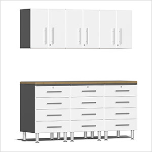 7-Piece Cabinet System with Bamboo Worktop in Starfire White Metallic
