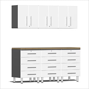 7-Piece Garage Cabinet System with Bamboo Worktop in Starfire White Metallic