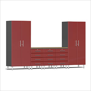 6-Piece Garage Cabinet Kit with Bamboo Worktop in Ruby Red Metallic