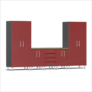 6-Piece Garage Cabinet System with Bamboo Worktop in Ruby Red Metallic