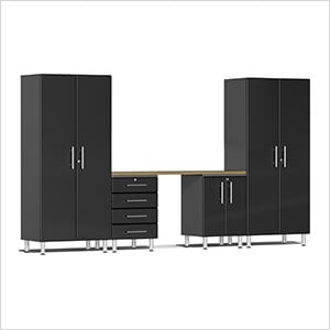 5-Piece Cabinet Garage System with Bamboo Worktop in Midnight Black Metallic