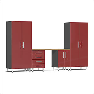 5-Piece Garage Cabinet System with Bamboo Worktop in Ruby Red Metallic