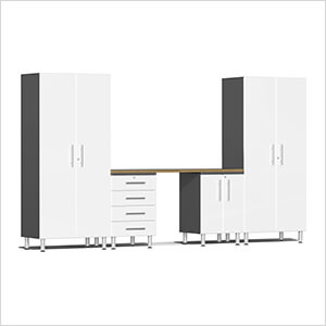 5-Piece Garage Cabinet System with Bamboo Worktop in Starfire White Metallic