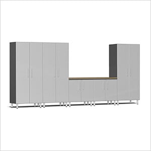 6-Piece Garage Cabinet System with Bamboo Worktop in Stardust Silver Metallic