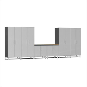 7-Piece Garage Cabinet System with Bamboo Worktop in Stardust Silver Metallic