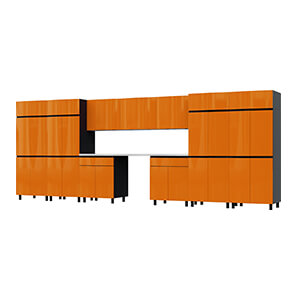 17.5' Premium Traffic Orange Garage Cabinet System with Stainless Steel Tops