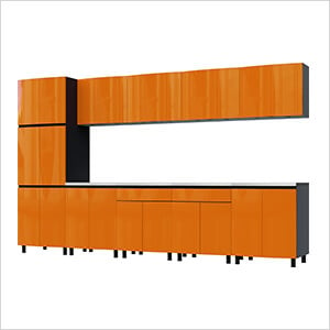 12.5' Premium Traffic Orange Garage Cabinet System with Stainless Steel Tops