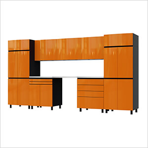 12.5' Premium Traffic Orange Garage Cabinet System with Stainless Steel Tops