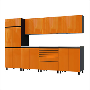 10' Premium Traffic Orange Garage Cabinet System with Stainless Steel Tops