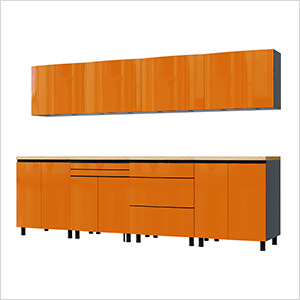 10' Premium Traffic Orange Garage Cabinet System with Butcher Block Tops