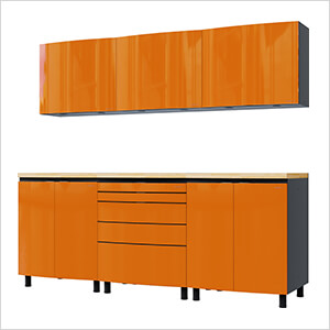 7.5' Premium Traffic Orange Garage Cabinet System with Butcher Block Tops