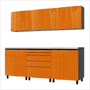 7.5' Premium Traffic Orange Garage Cabinet System with Stainless Steel Tops