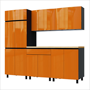 7.5' Premium Traffic Orange Garage Cabinet System with Butcher Block Tops